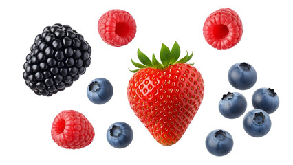Assorted berries including strawberry raspberry blueberry and blackberry isolated on a transparent background