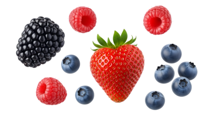 Assorted berries including strawberry raspberry blueberry and blackberry isolated on a transparent background