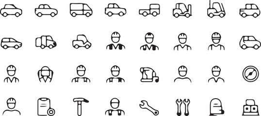 Transportation & Worker Line Icons &ndash; Vehicles, Delivery and Labor Set.
