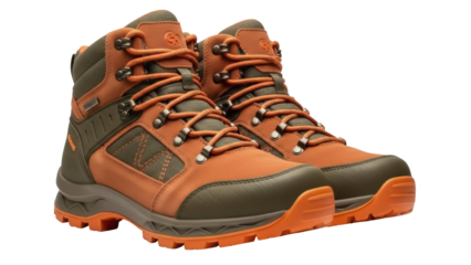 Isolated brown leather hiking boots with orange laces for walking on outdoor trails, paths