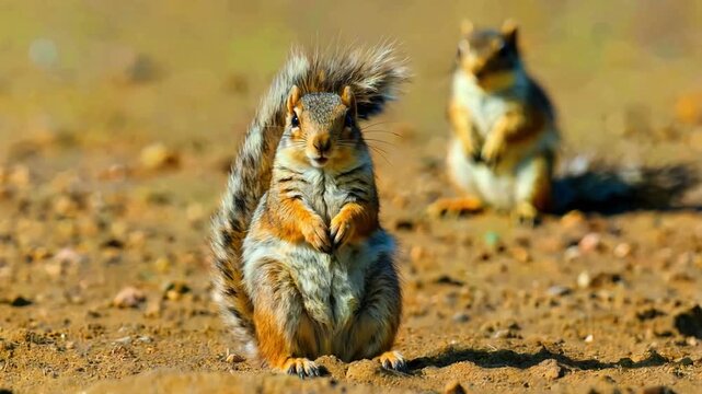Two adorable ground squirrels sit alertly on dry earth in bright sunlight showcasing their bushy tails and striped fur patterns
