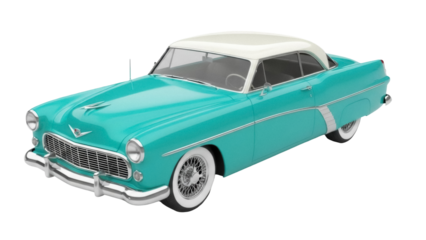 Isolated 1950s Turquoise Car with White Top ready for sale and advertising concepts