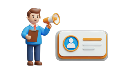 3D Cartoon Man Announcing with Megaphone Near ID Card