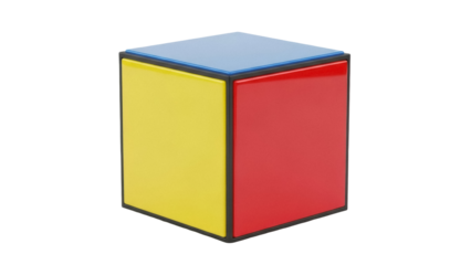 Isolated colorful square box, a simple block with yellow, red, and blue sides on a flat surface