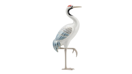 Isolated elegant decorative crane standing on one leg with patterned wings, graceful pose