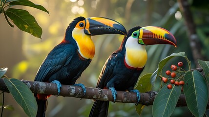 Obraz premium Two keel billed toucans perched on a branch in a lush tropical forest