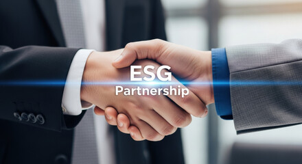 Professional business handshake signifies new esg partnership focusing on corporate social responsibility with transparent reporting and ethical governance for sustainable future