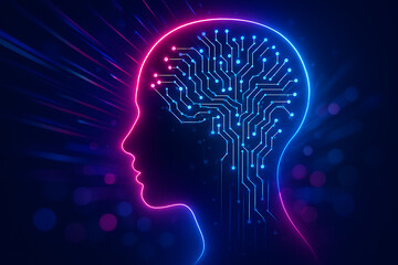 Futuristic illuminated human head profile with glowing circuits inside brain symbolizing artificial intelligence and modern smart technology