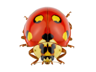Isolated red spotted ladybug with yellow markings close up showing wings, legs and eyes