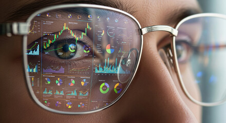 Focused analyst reviews esg reporting data and governance charts on screen. Close up of eye glasses reflection showing business intelligence for financial investment and analysis