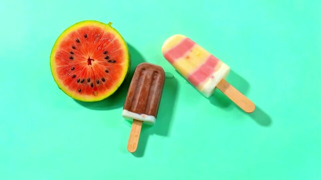 Refreshing summer scene featuring a vibrant halved watermelon and two delicious frozen popsicles resting on a bright turquoise background