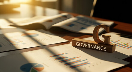 Professional focus on corporate governance and esg principles in business reporting. wood block with graph and chart on desk showing company goal for sustainability