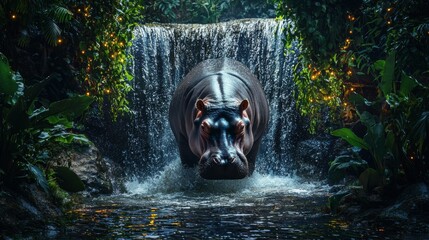 Hippo emerges from waterfall in a lush jungle setting during the day, showcasing its large features and serene surroundings