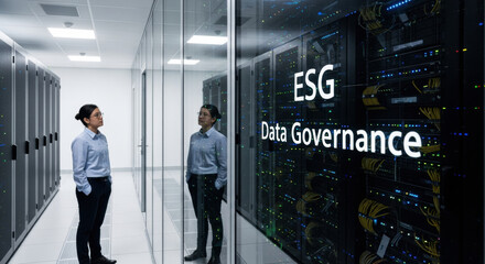 Focused professional woman analyzes esg data governance for corporate sustainability reporting. She stands in futuristic server room looking at future business technology