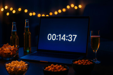 Digital countdown timer on laptop screen with party snacks and drinks at night
