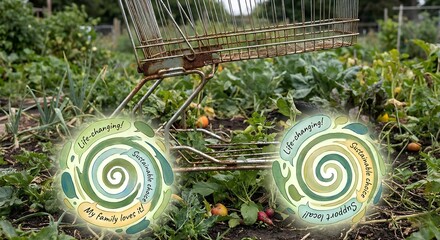 A broken shopping cart with its wheels replaced by swirling, abstract customer testimonials, suggesting organic advocacy.