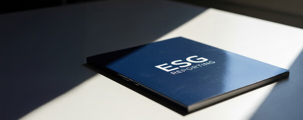 Professional esg reporting document on desk focuses on corporate governance. book about environmental and social impact with serious mood from harsh sunlight and shadow