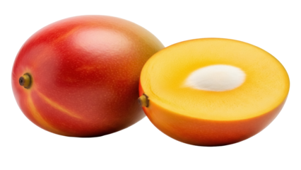Isolated ripe mango fruit halves, healthy food ingredients, delicious vegan recipe idea