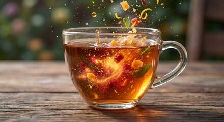 A tea cup with a miniature, perfectly formed 'burst' of flavor sparking inside, representing taste sensation.
