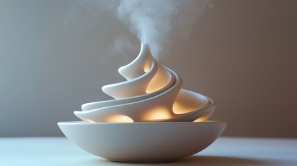 Modern ceramic diffuser releases steam and emits light in a stylish indoor setting during the evening