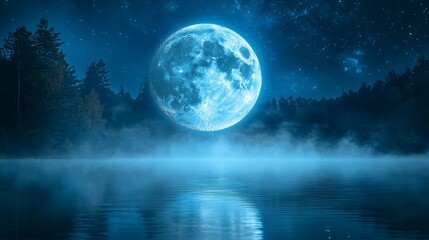Bright full moon reflects on serene lake surrounded by woods under a starry night sky