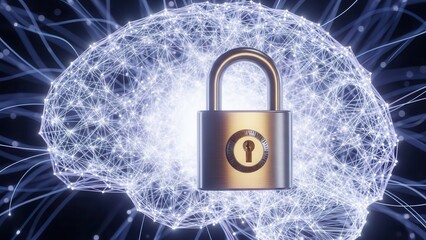 A digital padlock symbolizing data security and intellectual property protection is superimposed on a glowing, wireframe representation of the human brain.