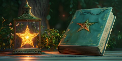 Magical Fantasy Book and Star Lantern in an Enchanted Forest Setting