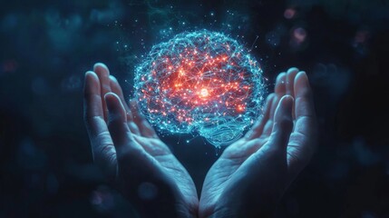 Human hands hold a glowing brain representing knowledge and innovation in a digital world