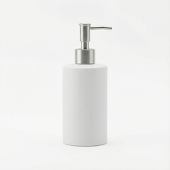Obraz premium Minimalist white soap dispenser with silver pump on neutral background 