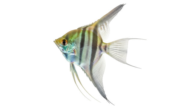 Isolated freshwater angelfish swims, its colors reflecting light, elegant fins flowing