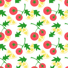 Vegetarian pattern with red tomatoes on branch and lemon slices on white background.