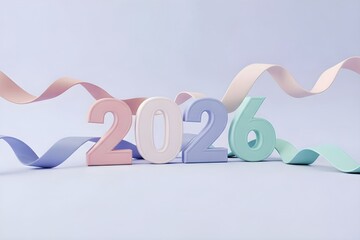 Cute New Year 2026 inscription with pastel ribbon on lilac background. Banner template of winter Holiday day, celebration, Christmas greeting card for the upcoming year.