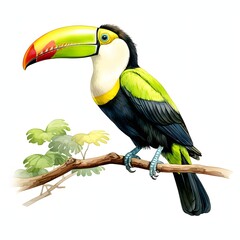 Fototapeta premium Vibrant watercolor illustration of keel billed toucan perching on branch