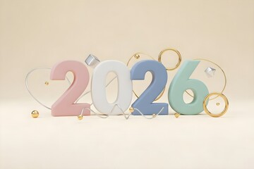 New year 2026 pastel 3d text with gold and silver geometric shapes and wavy lines on beige background. Festive banner template for holiday celebration and greeting card with copy space.