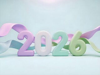 Cute New Year 2026 inscription with pastel ribbon on blue background. Banner template of winter Holiday day, celebration, Christmas greeting card for the upcoming year.