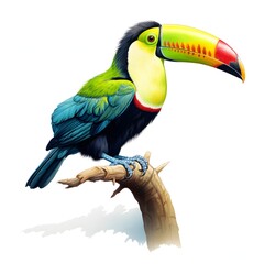 Naklejka premium Keel billed toucan perches on a branch in the neotropical jungle