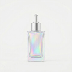 Holographic glass dropper bottle on white background  