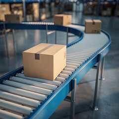 View of a warehouse with boxes moving on conveyor belts during the day in a busy distribution center focusing on operations and logistics