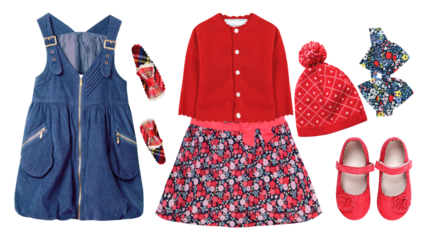 charming children's clothing collection featuring a denim dress, red cardigan set, and accessories, perfect for a variety of blogs, ads, editorials, and social media