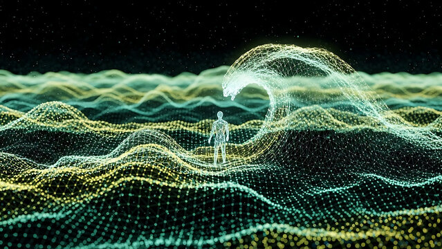 Digital surfer riding a glowing particle wave in a starry abstract sea - Powered by Adobe