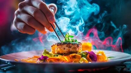 Chef preparing a gourmet dish with smoke and vibrant colors in a fine dining restaurant setting