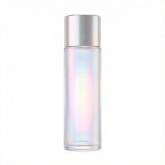 Iridescent glass cosmetic bottle with silver lid on white background  