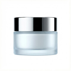 Glass skincare cream jar with silver lid on white background  