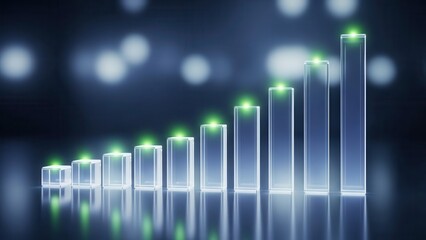 An illuminated transparent bar graph showcasing an upward trend with vibrant green highlights, symbolizing progressive business growth, financial success, and data visualization.