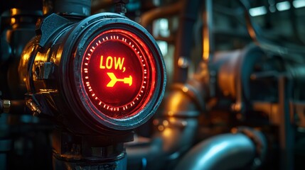 Warning light indicates low pressure level in industrial machinery at a manufacturing facility during evening hours