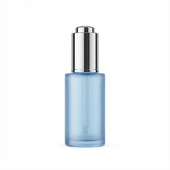 Blue glass cosmetic bottle with silver pump top on white background  