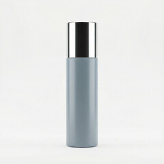 Sleek gray cosmetic bottle with silver cap on white background  