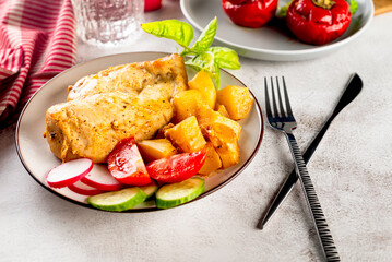 baked chicken fillet in the oven with potatoes on plate.  healthy food.