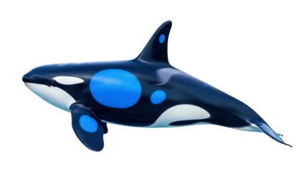 Isolated, beautiful orca with large fin in striking color scheme swimming in the water