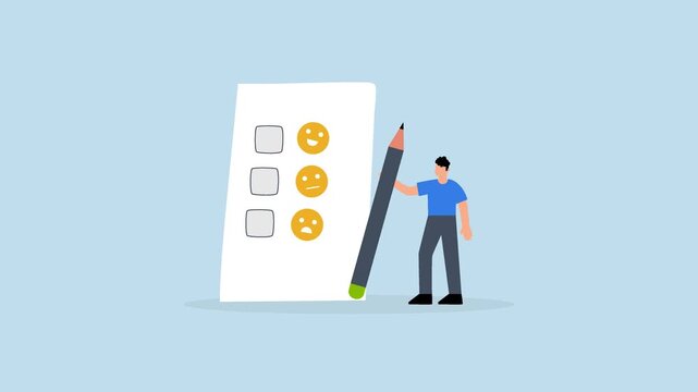 Customer rating, 4k animation of man grasping a pencil reflects on their experience while rating survey that features happy, neutral, and angry facial expressions.